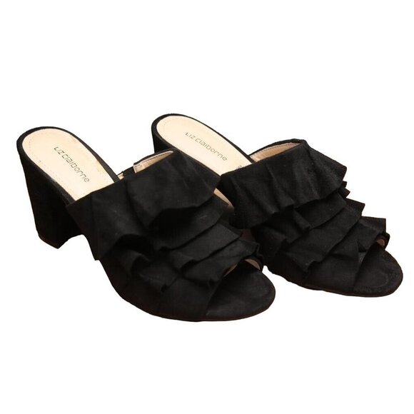 Liz Claiborne Deanna Heeled Mules Peep Toe Slide Heels Black Ruffles size 7.5 - Picture 1 of 3